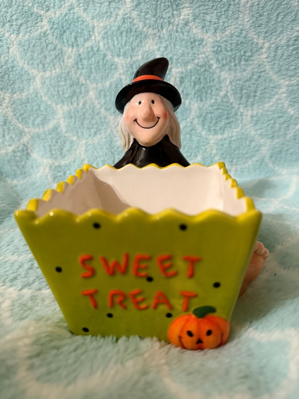 Halloween Witch Candy Dish - Green "Sweet Treat" Pumpkin